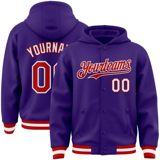 Custom Purple Red-White Bomber Full-Snap Varsity Letterman Hoodie Jacket Custom Purple Red-White Bomber Full-Snap Varsity Letterman Hoodie Jacket