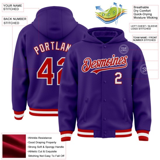 Custom Purple Red-White Bomber Full-Snap Varsity Letterman Hoodie Jacket Custom Purple Red-White Bomber Full-Snap Varsity Letterman Hoodie Jacket
