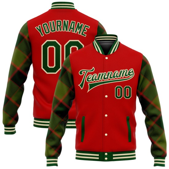 Custom Red Green-Cream Check Board 3D Pattern Design Bomber Full-Snap Varsity Letterman Jacket Custom Red Green-Cream Check Board 3D Pattern Design Bomber Full-Snap Varsity Letterman Jacket