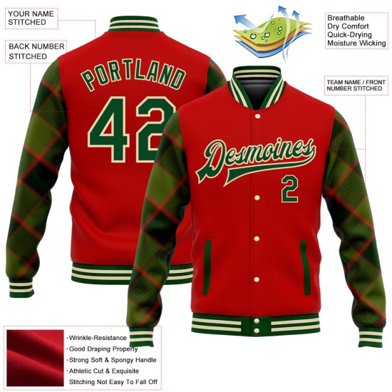 Custom Red Green-Cream Check Board 3D Pattern Design Bomber Full-Snap Varsity Letterman Jacket Custom Red Green-Cream Check Board 3D Pattern Design Bomber Full-Snap Varsity Letterman Jacket