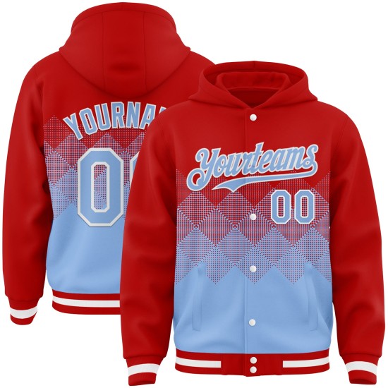 Custom Red Light Blue-White Gradient Square Shape 3D Pattern Design Bomber Full-Snap Varsity Letterman Hoodie Jacket Custom Red Light Blue-White Gradient Square Shape 3D Pattern Design Bomber Full-Snap Varsity Letterman Hoodie Jacket
