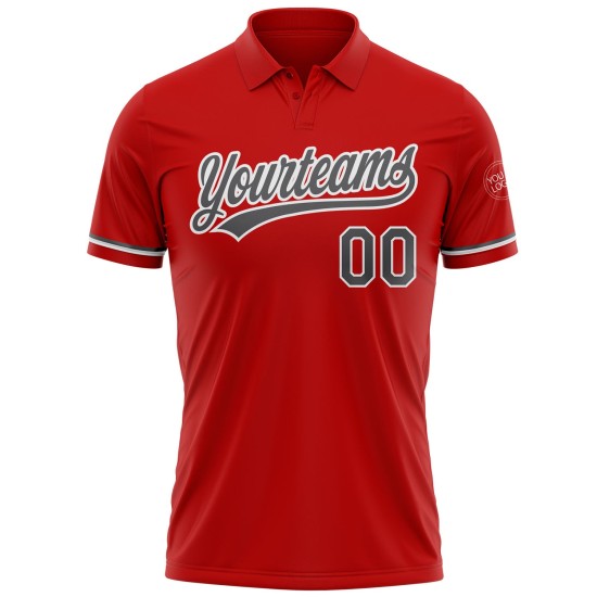 Custom Red Steel Gray-White Performance Vapor Golf Polo Shirt Custom Red Steel Gray-White Performance Vapor Golf Polo Shirt