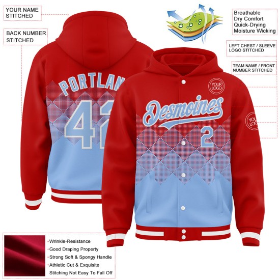 Custom Red Light Blue-White Gradient Square Shape 3D Pattern Design Bomber Full-Snap Varsity Letterman Hoodie Jacket Custom Red Light Blue-White Gradient Square Shape 3D Pattern Design Bomber Full-Snap Varsity Letterman Hoodie Jacket
