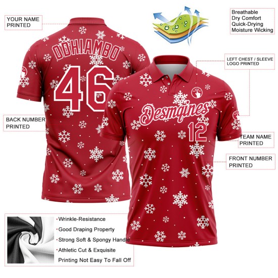 Custom Red White 3D Christmas Snowflakes Performance Golf Polo Shirt Custom Red White 3D Christmas Snowflakes Performance Golf Polo Shirt