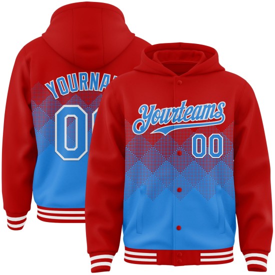 Custom Red Powder Blue-White Gradient Square Shape 3D Pattern Design Bomber Full-Snap Varsity Letterman Hoodie Jacket Custom Red Powder Blue-White Gradient Square Shape 3D Pattern Design Bomber Full-Snap Varsity Letterman Hoodie Jacket