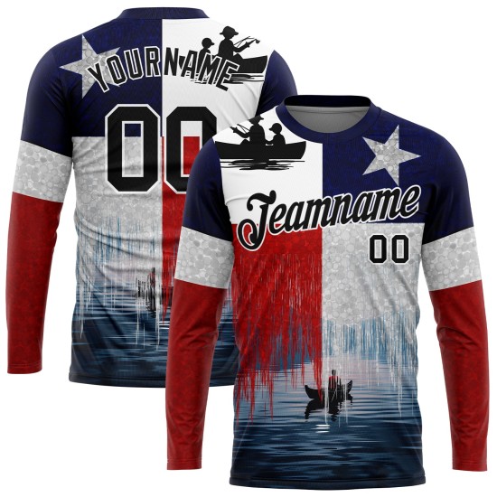 Custom Red Black-Navy 3D Texas Flag And Fish Fishing Long Sleeve Performance T-Shirt Custom Red Black-Navy 3D Texas Flag And Fish Fishing Long Sleeve Performance T-Shirt