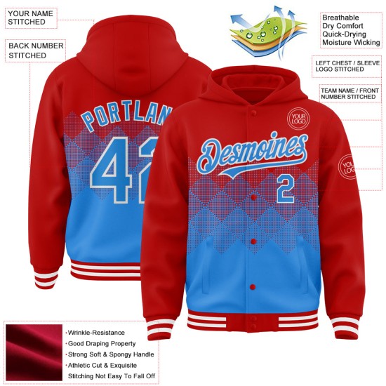 Custom Red Powder Blue-White Gradient Square Shape 3D Pattern Design Bomber Full-Snap Varsity Letterman Hoodie Jacket Custom Red Powder Blue-White Gradient Square Shape 3D Pattern Design Bomber Full-Snap Varsity Letterman Hoodie Jacket