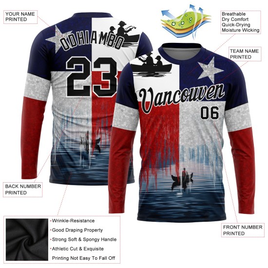 Custom Red Black-Navy 3D Texas Flag And Fish Fishing Long Sleeve Performance T-Shirt Custom Red Black-Navy 3D Texas Flag And Fish Fishing Long Sleeve Performance T-Shirt
