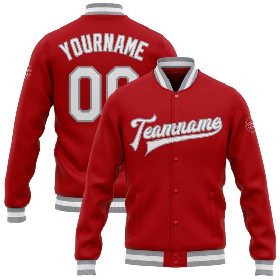 Custom Red White-Gray Bomber Full-Snap Varsity Letterman Jacket Custom Red White-Gray Bomber Full-Snap Varsity Letterman Jacket