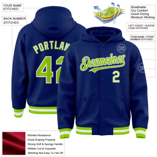 Custom Royal Neon Green-White Bomber Full-Snap Varsity Letterman Hoodie Jacket Custom Royal Neon Green-White Bomber Full-Snap Varsity Letterman Hoodie Jacket
