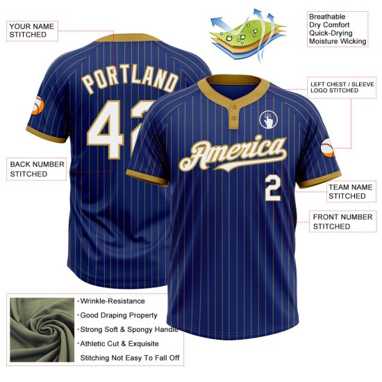 Custom Royal Old Gold Pinstripe White Two-Button Unisex Jersey Custom Royal Old Gold Pinstripe White Two-Button Unisex Jersey