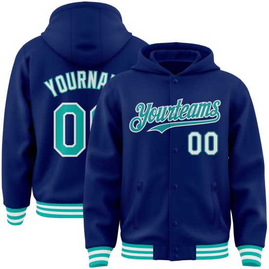 Custom Royal Aqua-White Bomber Full-Snap Varsity Letterman Hoodie Jacket Custom Royal Aqua-White Bomber Full-Snap Varsity Letterman Hoodie Jacket
