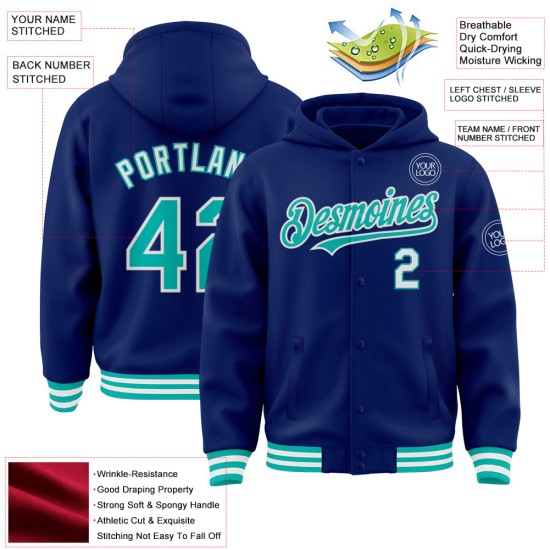 Custom Royal Aqua-White Bomber Full-Snap Varsity Letterman Hoodie Jacket Custom Royal Aqua-White Bomber Full-Snap Varsity Letterman Hoodie Jacket