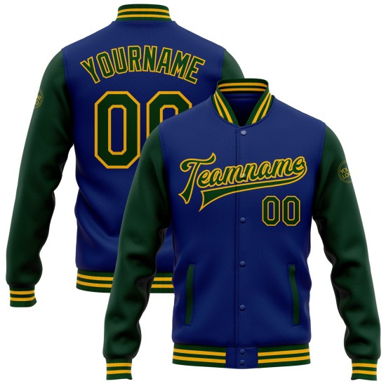 Custom Royal Green-Gold Bomber Full-Snap Varsity Letterman Two Tone Jacket Custom Royal Green-Gold Bomber Full-Snap Varsity Letterman Two Tone Jacket