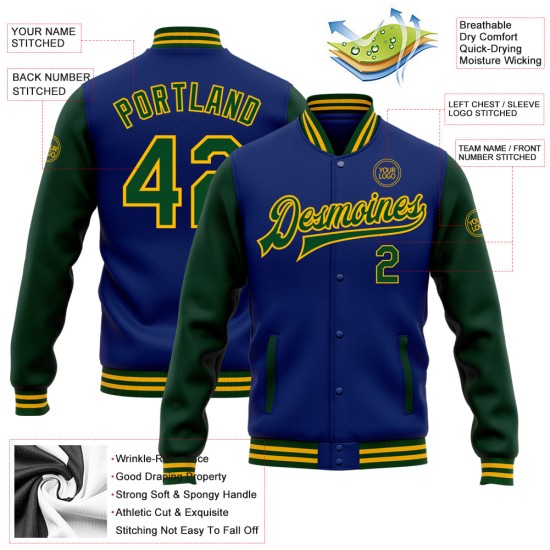 Custom Royal Green-Gold Bomber Full-Snap Varsity Letterman Two Tone Jacket Custom Royal Green-Gold Bomber Full-Snap Varsity Letterman Two Tone Jacket