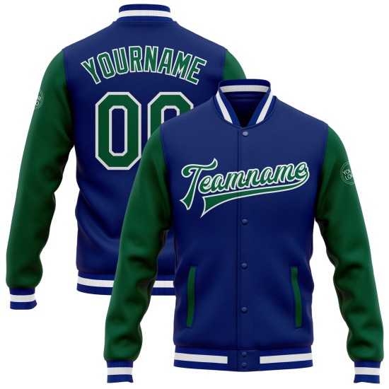 Custom Royal Kelly Green-White Bomber Full-Snap Varsity Letterman Two Tone Jacket Custom Royal Kelly Green-White Bomber Full-Snap Varsity Letterman Two Tone Jacket