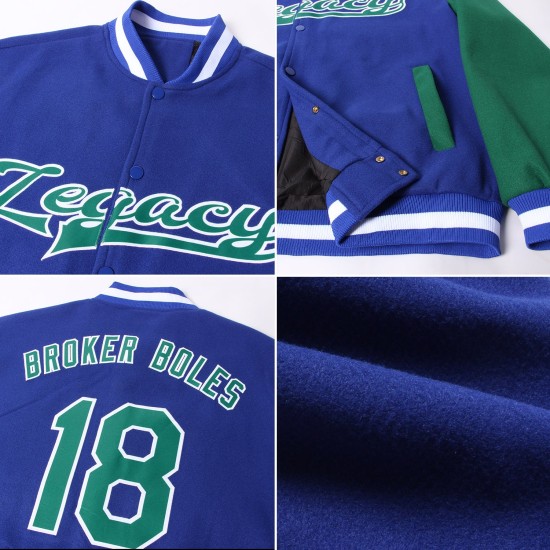 Custom Royal Kelly Green-White Bomber Full-Snap Varsity Letterman Two Tone Jacket Custom Royal Kelly Green-White Bomber Full-Snap Varsity Letterman Two Tone Jacket