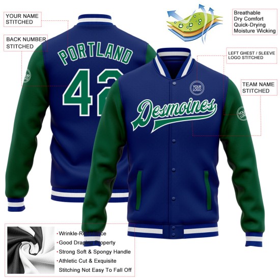 Custom Royal Kelly Green-White Bomber Full-Snap Varsity Letterman Two Tone Jacket Custom Royal Kelly Green-White Bomber Full-Snap Varsity Letterman Two Tone Jacket
