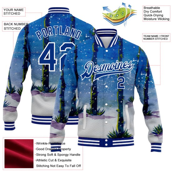 Custom Royal White Watercolor Forest With Trunks 3D Pattern Design Bomber Full-Snap Varsity Letterman Jacket Custom Royal White Watercolor Forest With Trunks 3D Pattern Design Bomber Full-Snap Varsity Letterman Jacket