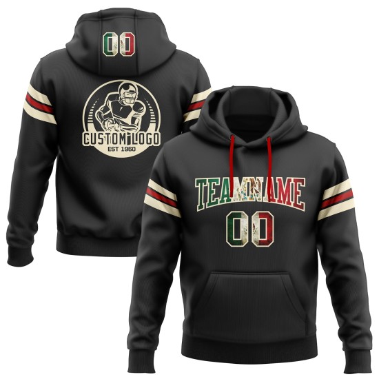 Custom Stitched Black Vintage Mexican Flag Cream-Red Football Pullover Sweatshirt Hoodie Custom Stitched Black Vintage Mexican Flag Cream-Red Football Pullover Sweatshirt Hoodie