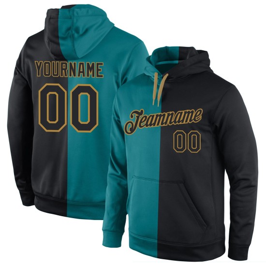 Custom Stitched Aqua Black-Old Gold Split Fashion Sports Pullover Sweatshirt Hoodie Custom Stitched Aqua Black-Old Gold Split Fashion Sports Pullover Sweatshirt Hoodie