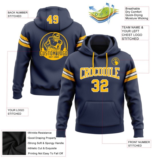 Custom Stitched Navy Gold-White Football Pullover Sweatshirt Hoodie Custom Stitched Navy Gold-White Football Pullover Sweatshirt Hoodie