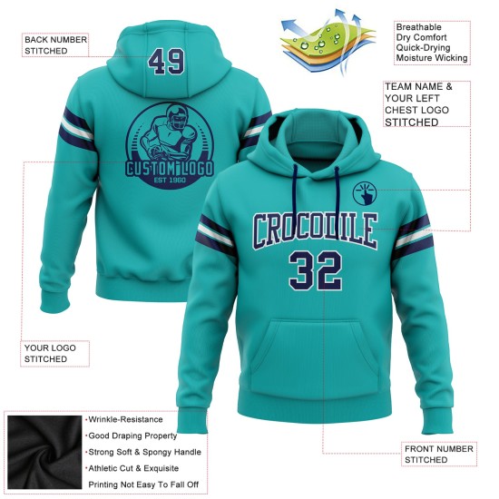 Custom Stitched Aqua Navy-White Football Pullover Sweatshirt Hoodie Custom Stitched Aqua Navy-White Football Pullover Sweatshirt Hoodie