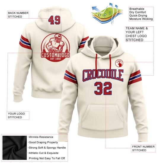 Custom Stitched Cream Red-Royal Football Pullover Sweatshirt Hoodie Custom Stitched Cream Red-Royal Football Pullover Sweatshirt Hoodie