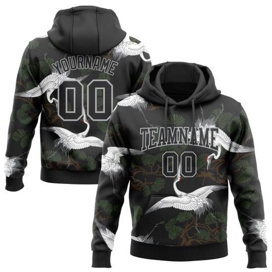 Custom Stitched Black Gray 3D Pattern Design Crane And Green Pine Tree Sports Pullover Sweatshirt Hoodie Custom Stitched Black Gray 3D Pattern Design Crane And Green Pine Tree Sports Pullover Sweatshirt Hoodie