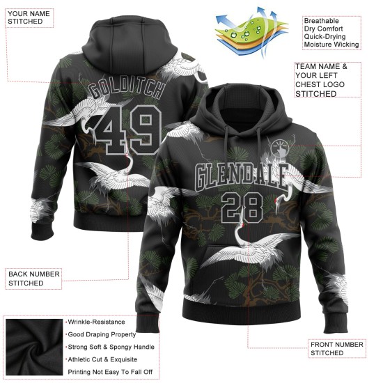 Custom Stitched Black Gray 3D Pattern Design Crane And Green Pine Tree Sports Pullover Sweatshirt Hoodie Custom Stitched Black Gray 3D Pattern Design Crane And Green Pine Tree Sports Pullover Sweatshirt Hoodie