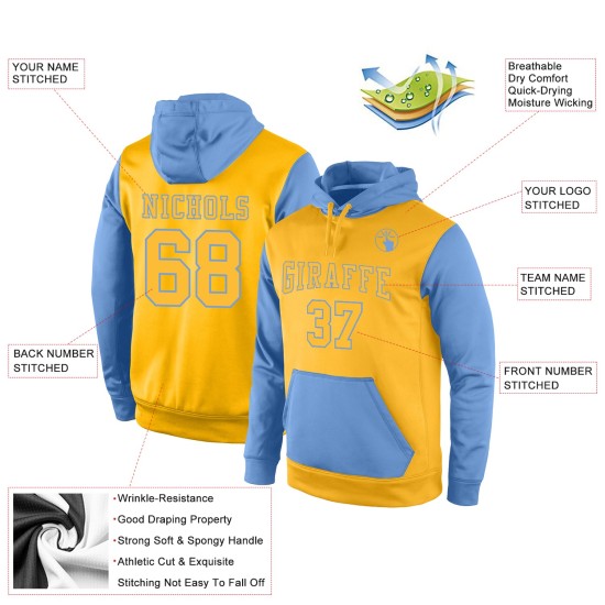 Custom Stitched Gold Gold-Light Blue Sports Pullover Sweatshirt Hoodie Custom Stitched Gold Gold-Light Blue Sports Pullover Sweatshirt Hoodie