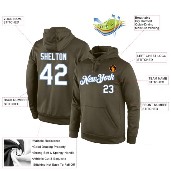 Custom Stitched Olive White-Light Blue Sports Pullover Sweatshirt Salute To Service Hoodie Custom Stitched Olive White-Light Blue Sports Pullover Sweatshirt Salute To Service Hoodie