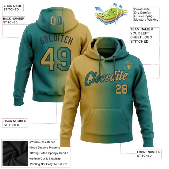 Custom Stitched Teal Old Gold-Black Gradient Fashion Sports Pullover Sweatshirt Hoodie Custom Stitched Teal Old Gold-Black Gradient Fashion Sports Pullover Sweatshirt Hoodie