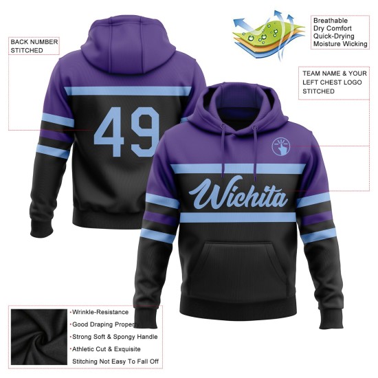 Custom Stitched Black Light Blue-Purple Line Sports Pullover Sweatshirt Hoodie Custom Stitched Black Light Blue-Purple Line Sports Pullover Sweatshirt Hoodie