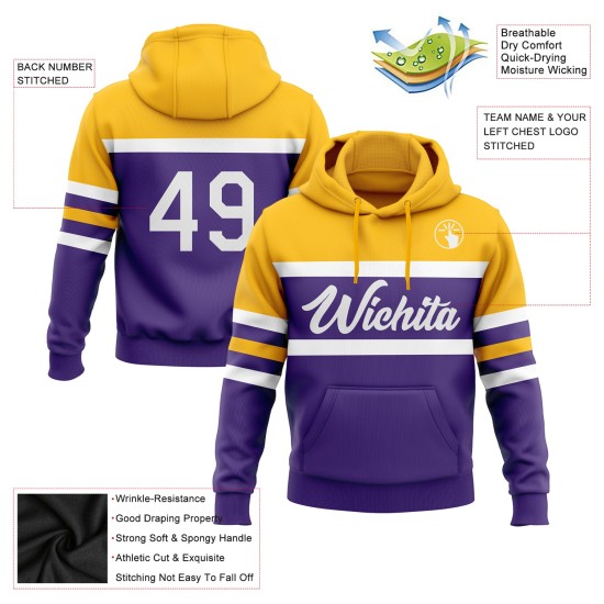 Custom Stitched Purple White-Gold Line Sports Pullover Sweatshirt Hoodie Custom Stitched Purple White-Gold Line Sports Pullover Sweatshirt Hoodie