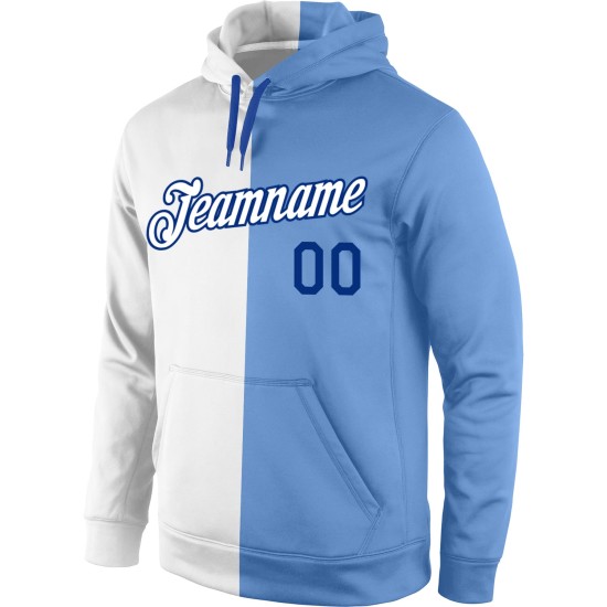 Custom Stitched White Light Blue-Royal Split Fashion Sports Pullover Sweatshirt Hoodie Custom Stitched White Light Blue-Royal Split Fashion Sports Pullover Sweatshirt Hoodie