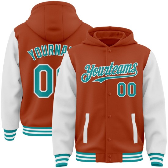 Custom Texas Orange Teal-White Bomber Full-Snap Varsity Letterman Two Tone Hoodie Jacket Custom Texas Orange Teal-White Bomber Full-Snap Varsity Letterman Two Tone Hoodie Jacket