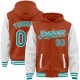 Custom Texas Orange Teal-White Bomber Full-Snap Varsity Letterman Two Tone Hoodie Jacket Custom Texas Orange Teal-White Bomber Full-Snap Varsity Letterman Two Tone Hoodie Jacket