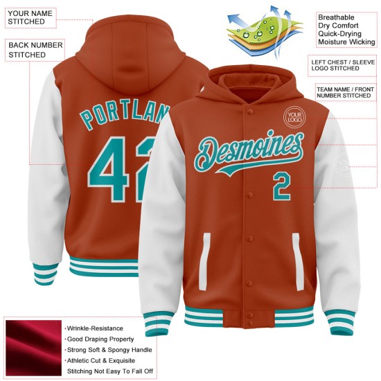 Custom Texas Orange Teal-White Bomber Full-Snap Varsity Letterman Two Tone Hoodie Jacket Custom Texas Orange Teal-White Bomber Full-Snap Varsity Letterman Two Tone Hoodie Jacket