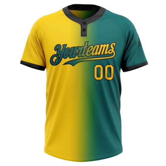 Custom Teal Yellow-Black Gradient Fashion Two-Button Unisex Jersey Custom Teal Yellow-Black Gradient Fashion Two-Button Unisex Jersey