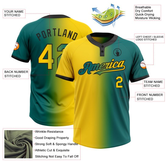 Custom Teal Yellow-Black Gradient Fashion Two-Button Unisex Jersey Custom Teal Yellow-Black Gradient Fashion Two-Button Unisex Jersey