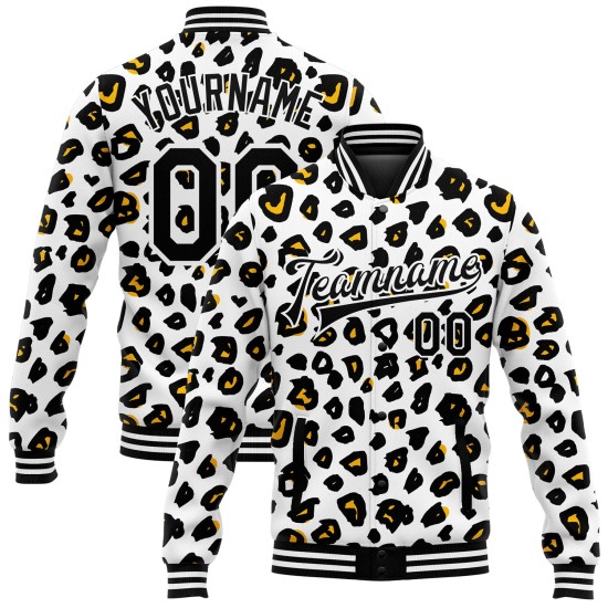 Custom White Black Leopard Print 3D Pattern Design Bomber Full-Snap Varsity Letterman Jacket Custom White Black Leopard Print 3D Pattern Design Bomber Full-Snap Varsity Letterman Jacket