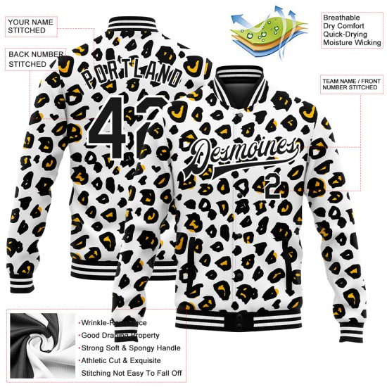 Custom White Black Leopard Print 3D Pattern Design Bomber Full-Snap Varsity Letterman Jacket Custom White Black Leopard Print 3D Pattern Design Bomber Full-Snap Varsity Letterman Jacket