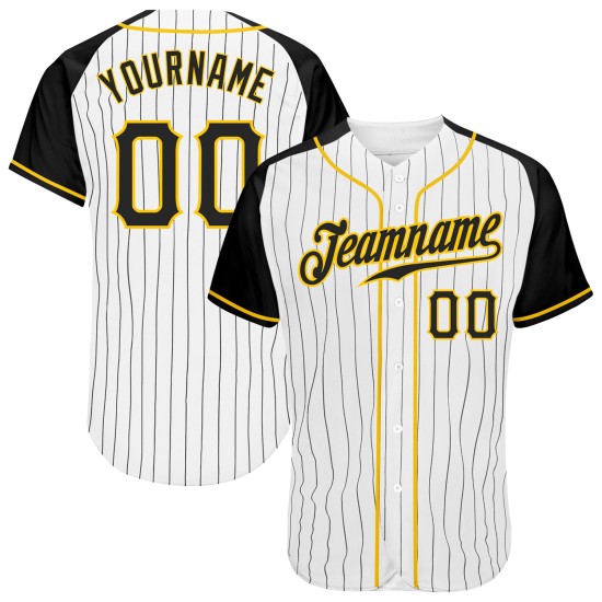 Custom White Black Pinstripe Black-Gold Authentic Raglan Sleeves rugby Jersey Custom White Black Pinstripe Black-Gold Authentic Raglan Sleeves rugby Jersey