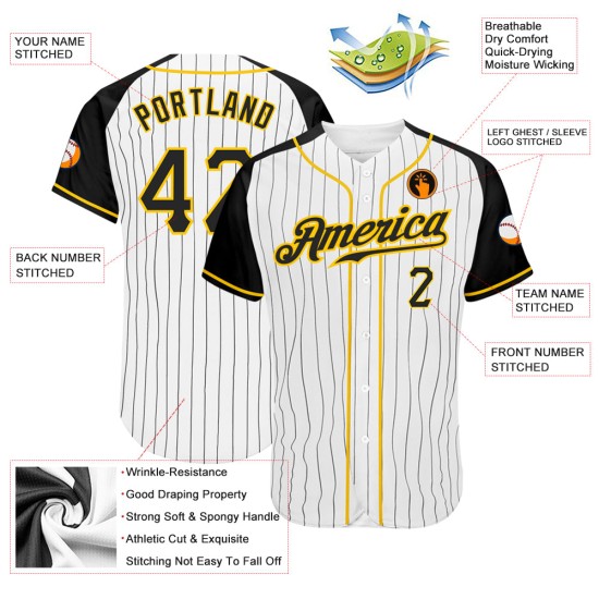 Custom White Black Pinstripe Black-Gold Authentic Raglan Sleeves rugby Jersey Custom White Black Pinstripe Black-Gold Authentic Raglan Sleeves rugby Jersey
