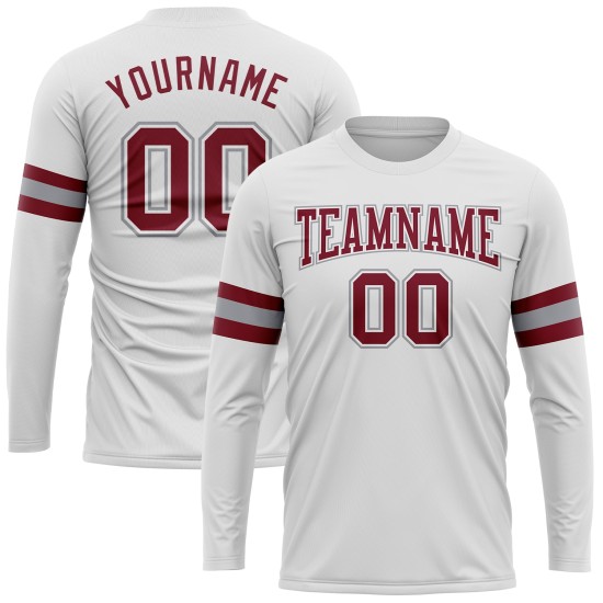 Custom White Crimson-Gray Long Sleeve Performance T-Shirt Custom White Crimson-Gray Long Sleeve Performance T-Shirt