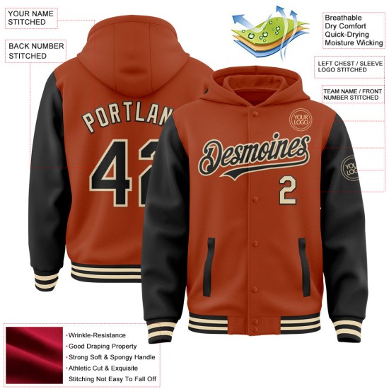 Custom Texas Orange Black-Cream Bomber Full-Snap Varsity Letterman Two Tone Hoodie Jacket Custom Texas Orange Black-Cream Bomber Full-Snap Varsity Letterman Two Tone Hoodie Jacket