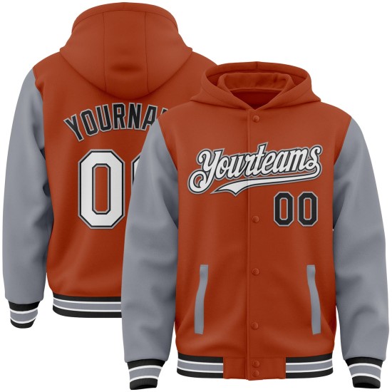 Custom Texas Orange Black-Gray Bomber Full-Snap Varsity Letterman Two Tone Hoodie Jacket Custom Texas Orange Black-Gray Bomber Full-Snap Varsity Letterman Two Tone Hoodie Jacket