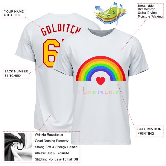 Custom White Gold-Red Rainbow For Pride Month Love Is Love LGBT Performance T-Shirt Custom White Gold-Red Rainbow For Pride Month Love Is Love LGBT Performance T-Shirt