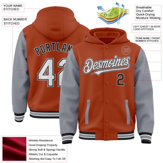 Custom Texas Orange Black-Gray Bomber Full-Snap Varsity Letterman Two Tone Hoodie Jacket Custom Texas Orange Black-Gray Bomber Full-Snap Varsity Letterman Two Tone Hoodie Jacket
